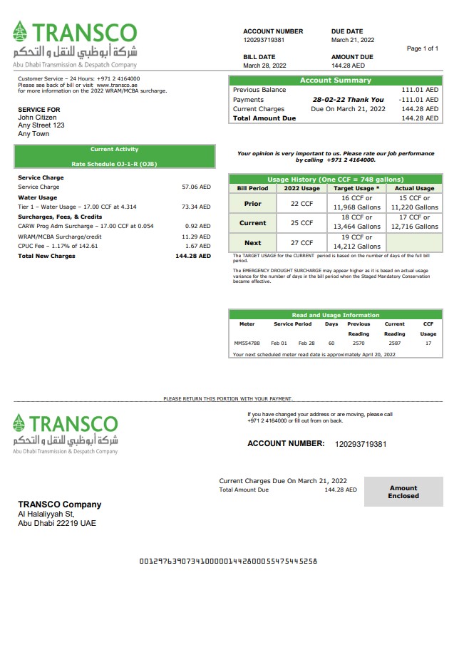 UAE Abu Dhabi Transmission & Despatch Company (TRANSCO) utility bill template in Word and PDF format